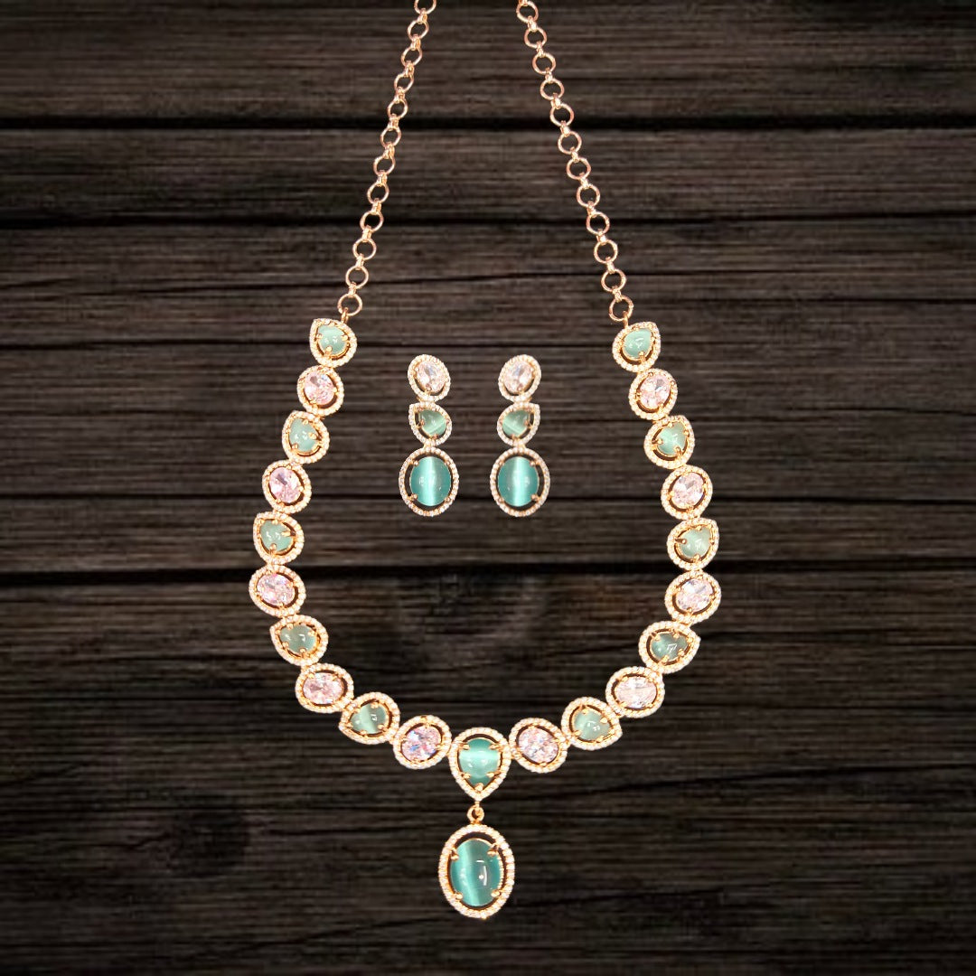 Pastel Green American Diamond Necklace Set - Rose Gold Mint Wedding Jewelry
