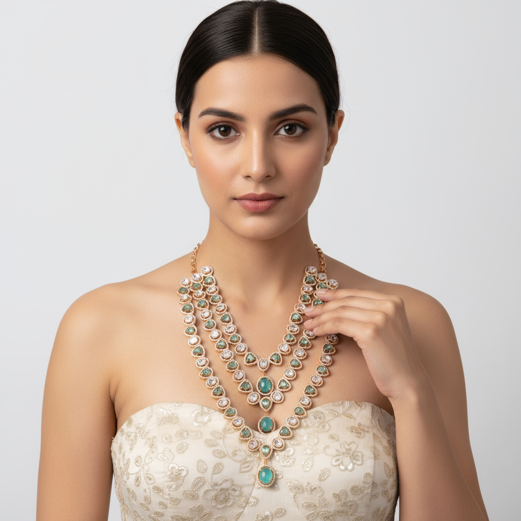 Pastel Green Rose Gold American Diamond Layered Necklace - 24 Inch Wedding Set