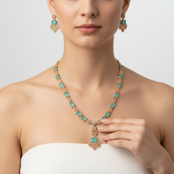 Pastel Green Rose Gold American Diamond Long Necklace - 32 Inch Wedding Set