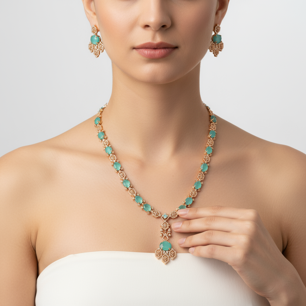 Pastel Green Rose Gold American Diamond Long Necklace - 32 Inch Wedding Set