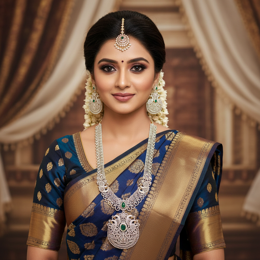 Peacock American Diamond Haram with Emerald & Pearl | CZ Long Necklace Set