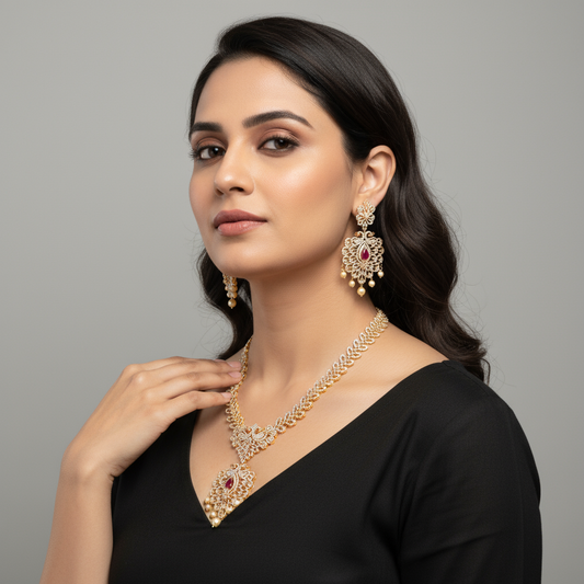 Peacock American Diamonds Necklace Set - Elegant Traditional Design