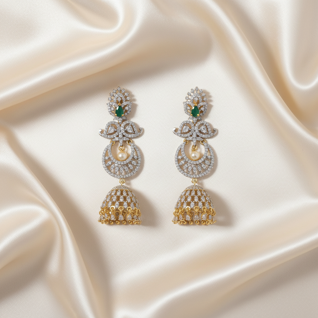 Peacock Chandbali Jhumka Earrings with American Diamonds & Pearl
