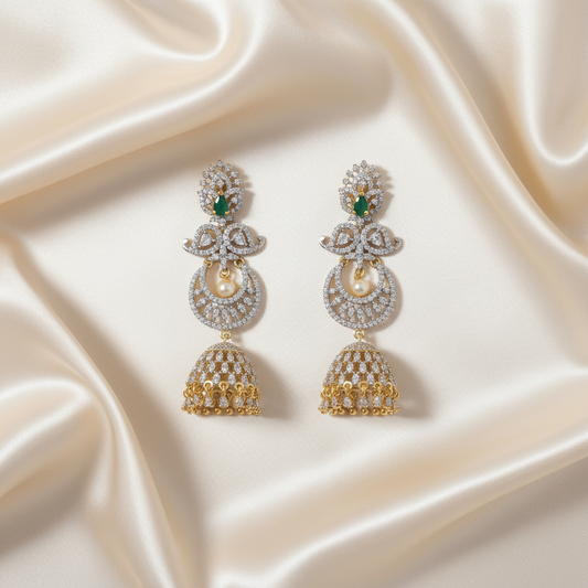 Peacock Chandbali Jhumka Earrings with American Diamonds & Pearl