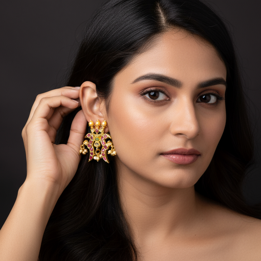 Peacock Kemp Studs 1.3 Inch - Double Sided Traditional Earrings with Pearls