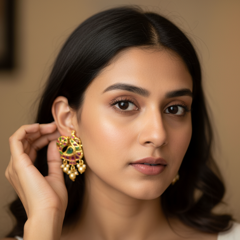 Peacock Kempu Studs - Office Wear Traditional Gold Plated Earrings