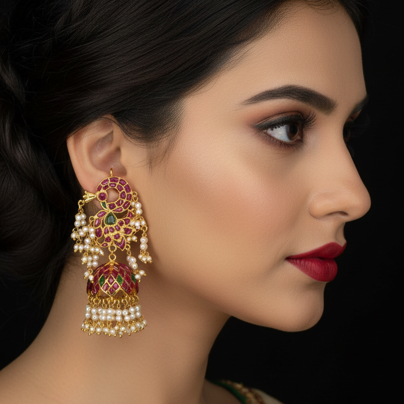 Peacock Kundan Jhumka Earrings with Pearl Drops | Temple Jewellery