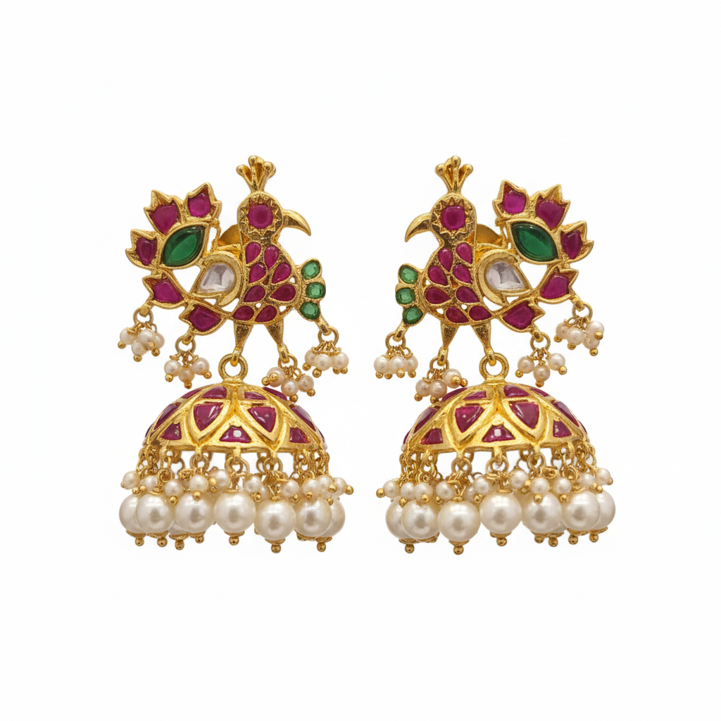 Peacock Shaped Kempu Jhumka - 