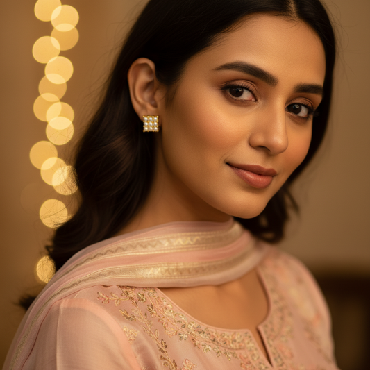 Pearl Cluster Square Stud Earrings | Gold Plated Daily Wear Jewellery