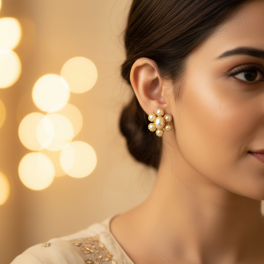 Pearl Flower Cluster Stud Earrings | Gold Plated | Classic Everyday Jewellery