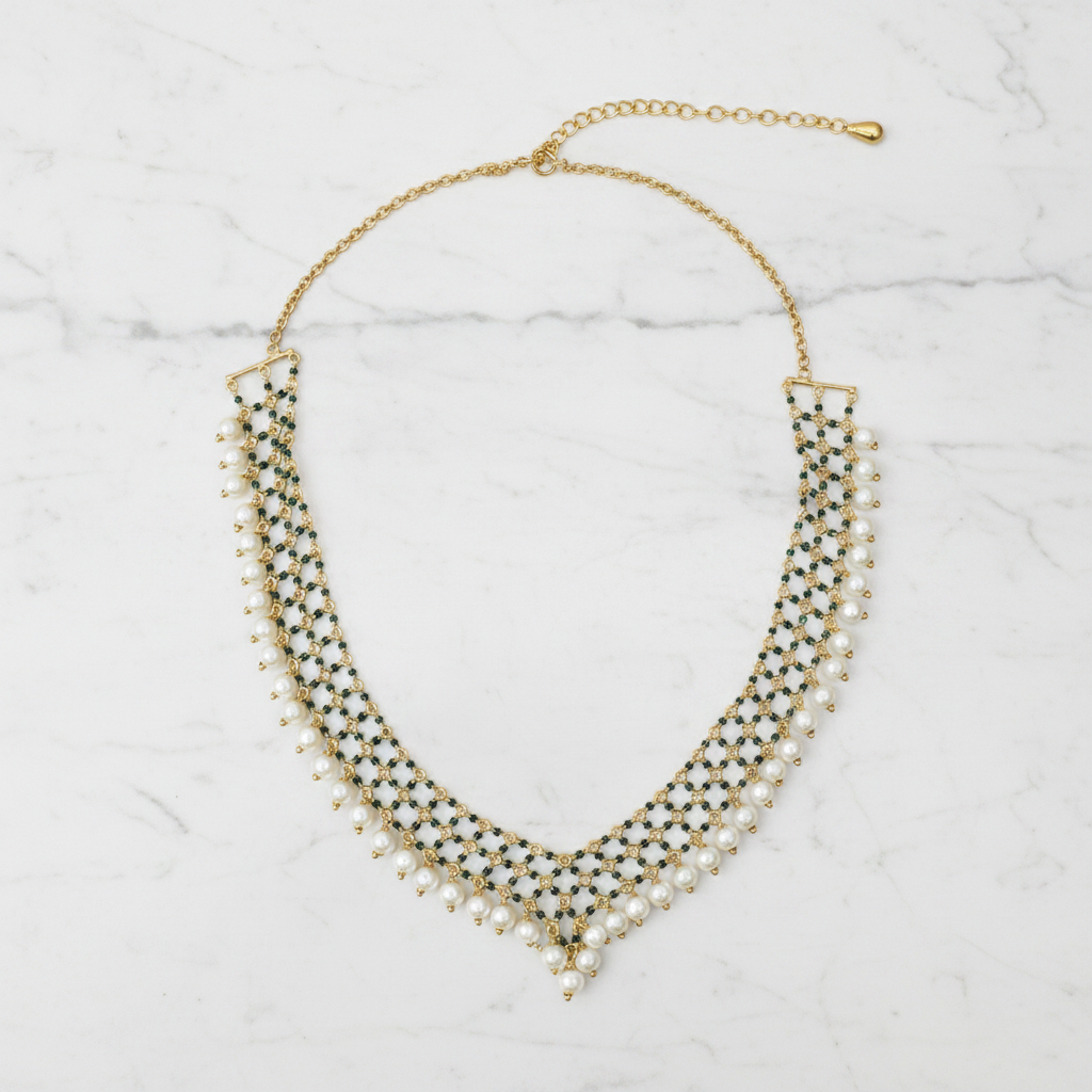 Pearl Jali Mesh Necklace | Antique Gold Finish | Traditional Indian Jewellery