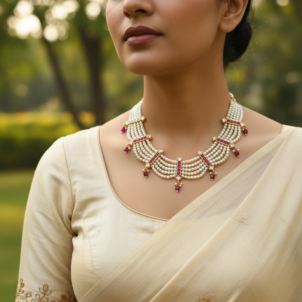 Delicate close-up of pearl and ruby necklace