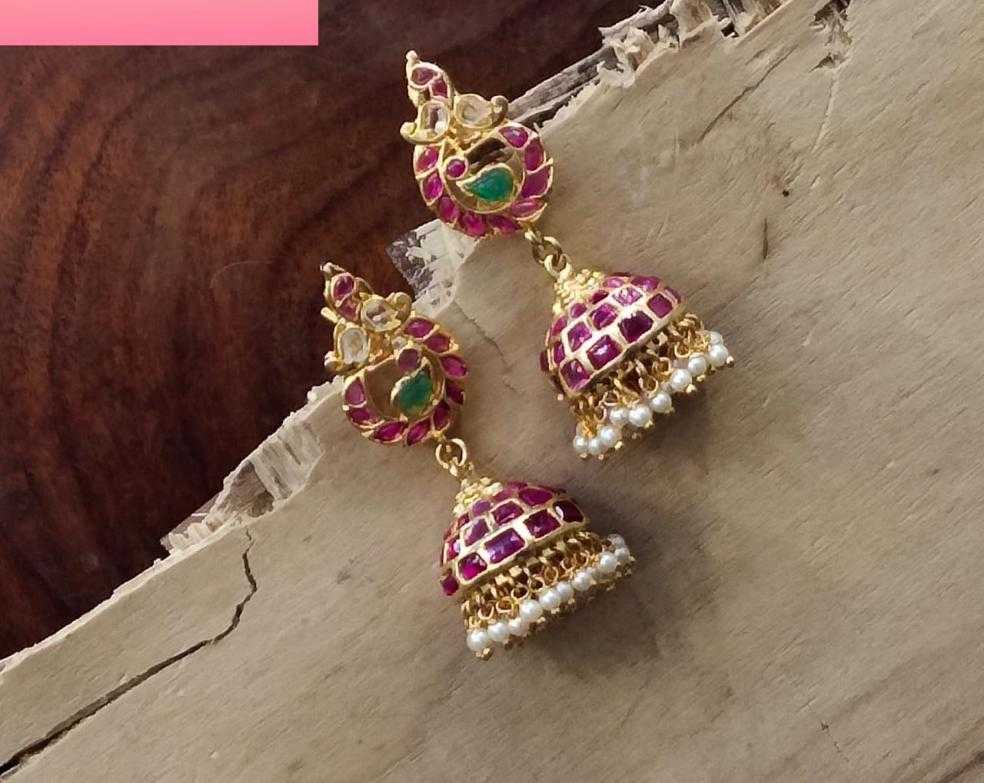 Beautiful Kempu Jhumka Earrings - Handmade Red Stone Temple Jewelry
