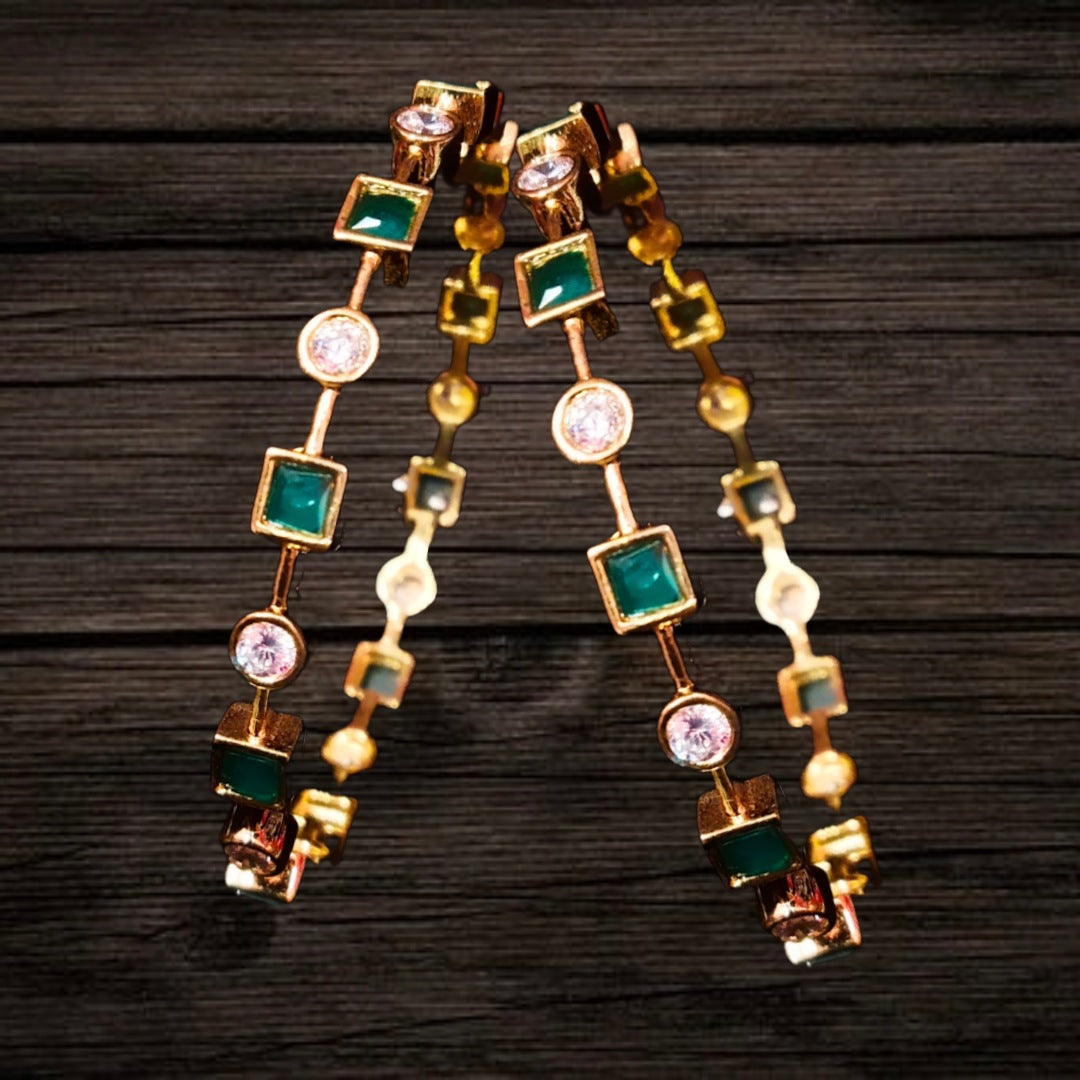 Emerald CZ Bangles Set - 24K Gold Plated Green Stone & Crystal Bracelets for Women