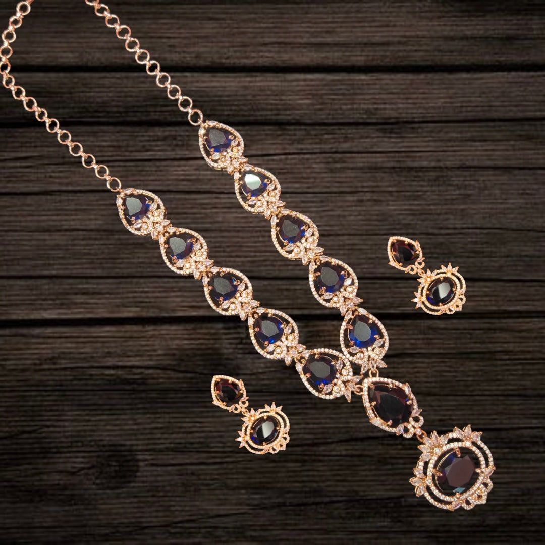 Asp Fashion Jewellery Rose Gold Blue American Diamonds Necklace Set