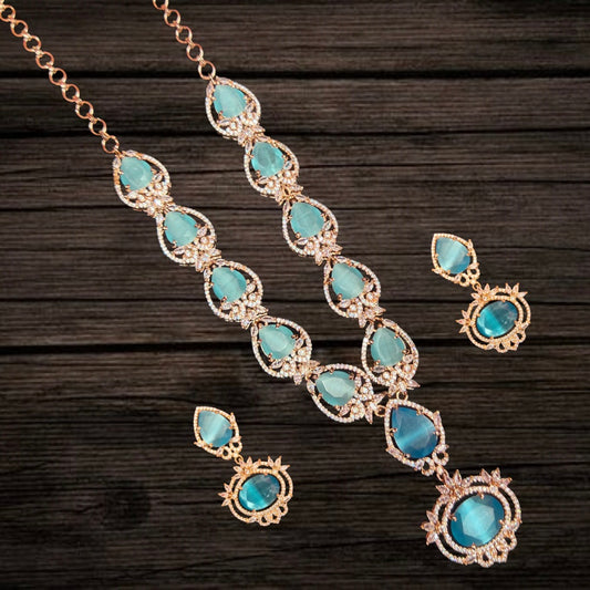 Asp Fashion Jewellery Rose Gold Sky Blue American Diamonds Necklace Set