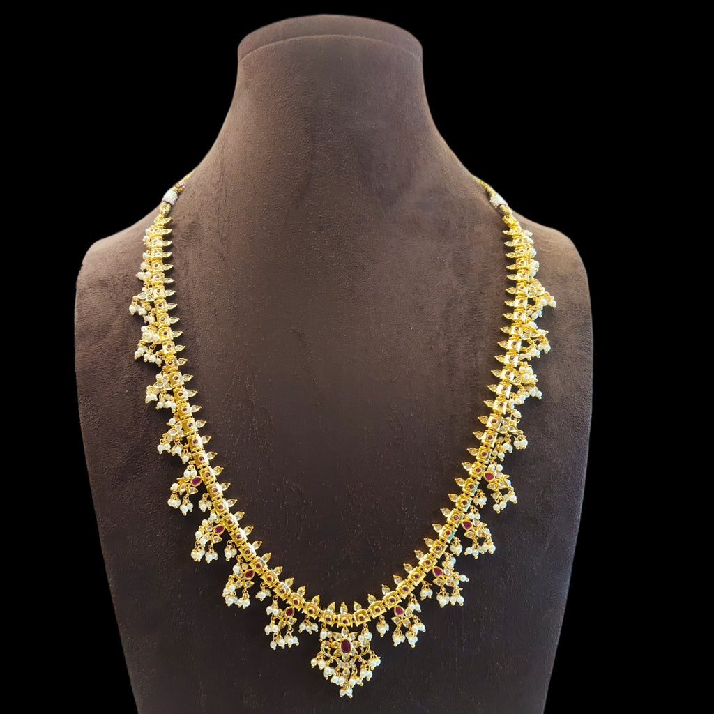 CZ Guttapusalu Necklace Set - 24K Gold Traditional South Indian Haram with Pearls