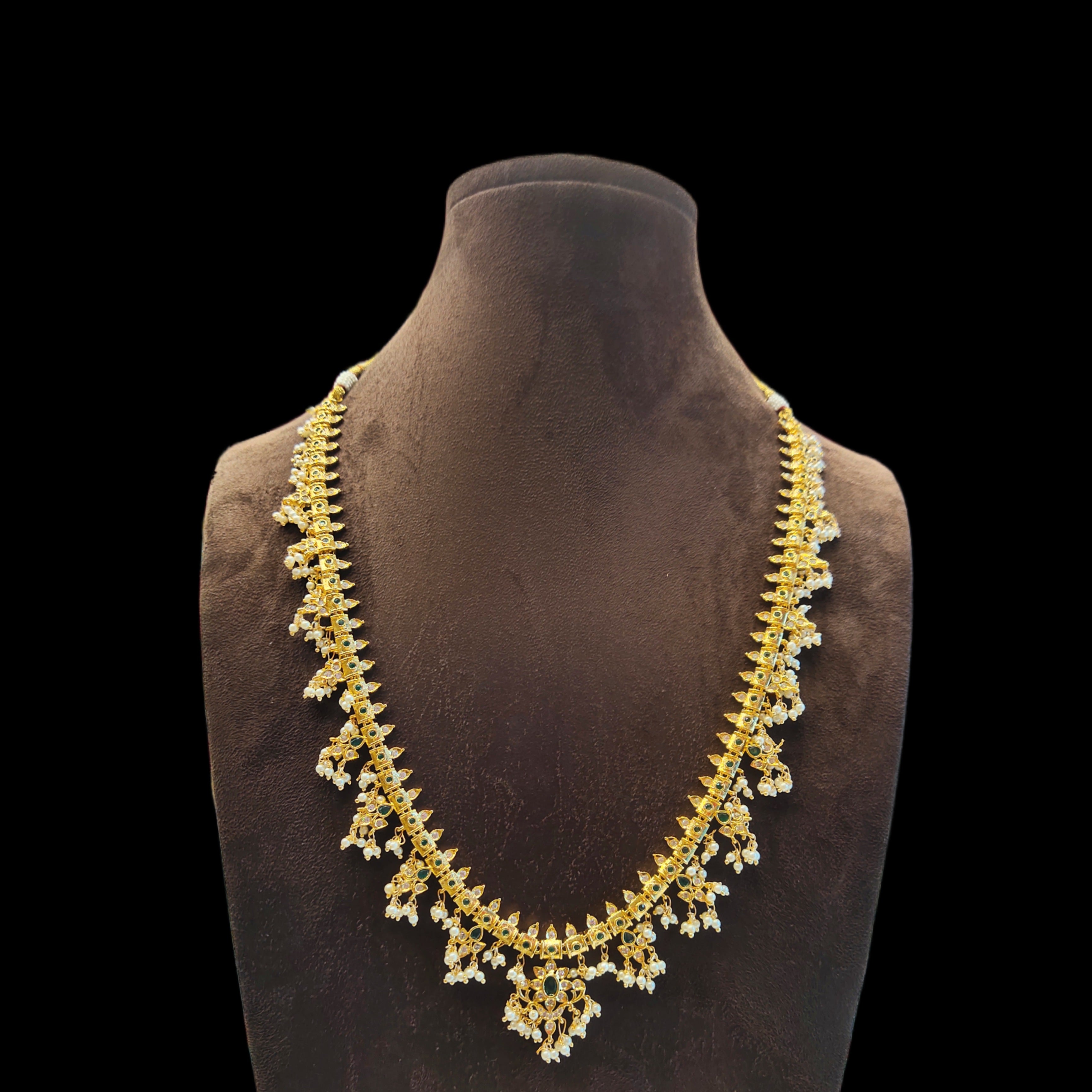 CZ Guttapusalu Necklace Set - 24K Gold Pearl Finish South Indian Haram