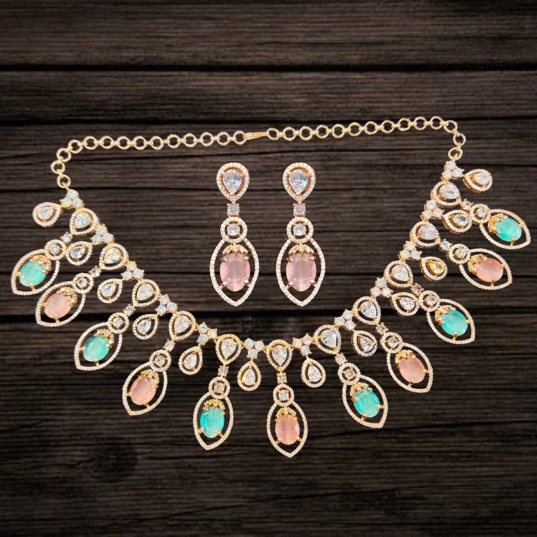 Pink & Pastel Green Rose Gold American Diamond Necklace Set - Colorful Bridal Jewelry