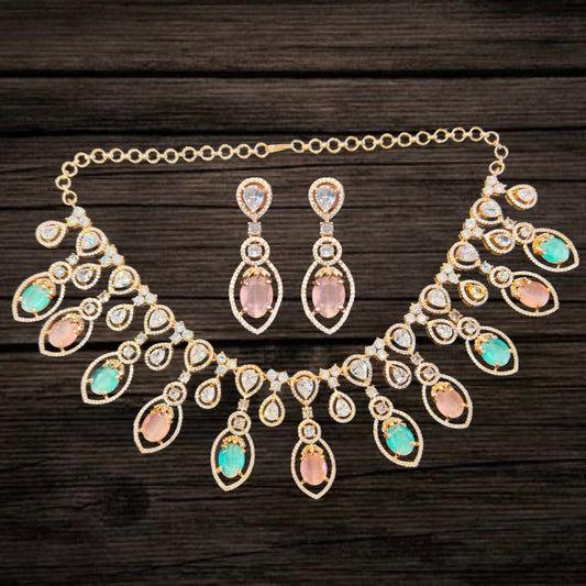 Asp Fashion Jewellery Trendy  Pink & Pastel Green Rose Gold American Diamonds Necklace Set