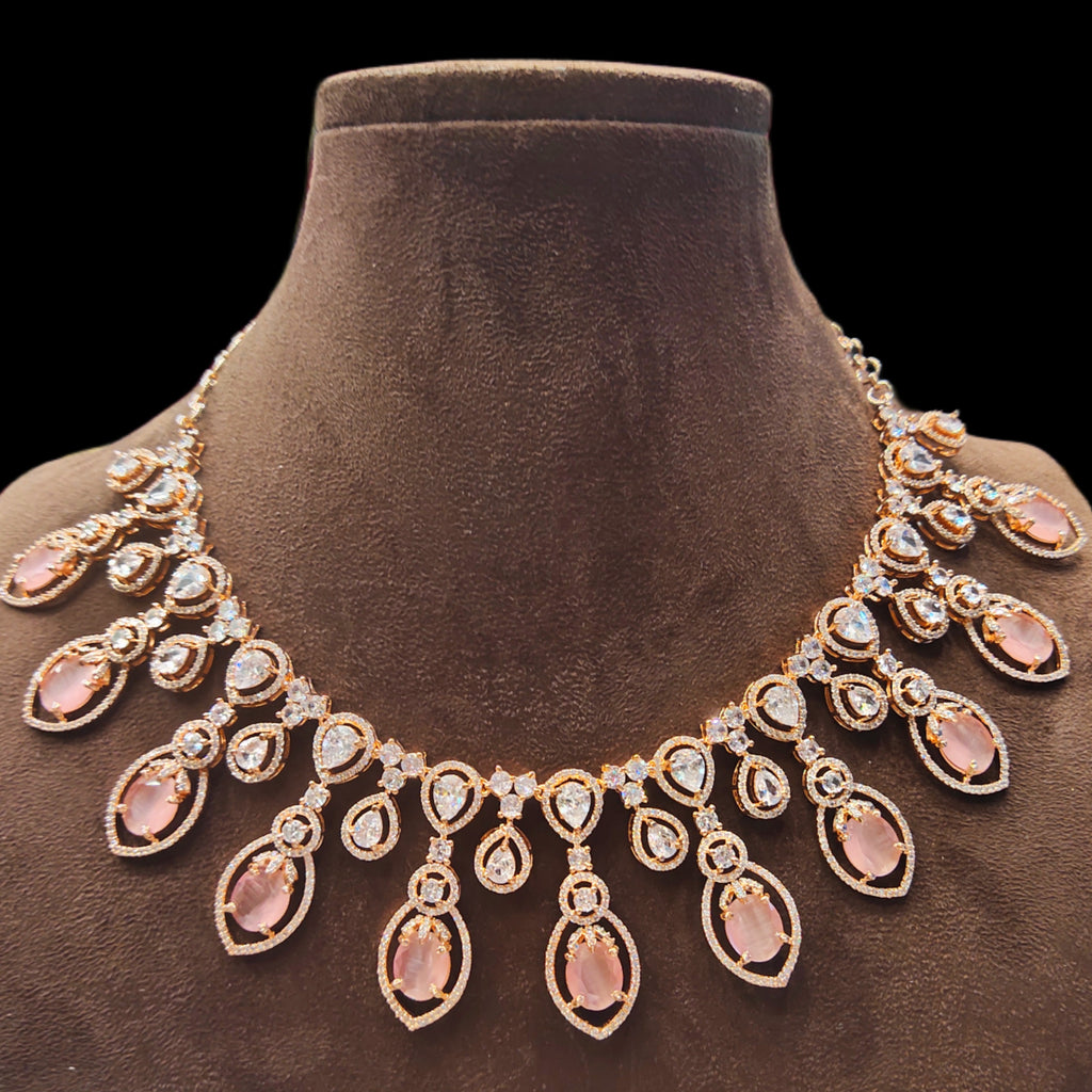 Trendy Pink Rose Gold American Diamond Necklace Set - Bridal Jewelry