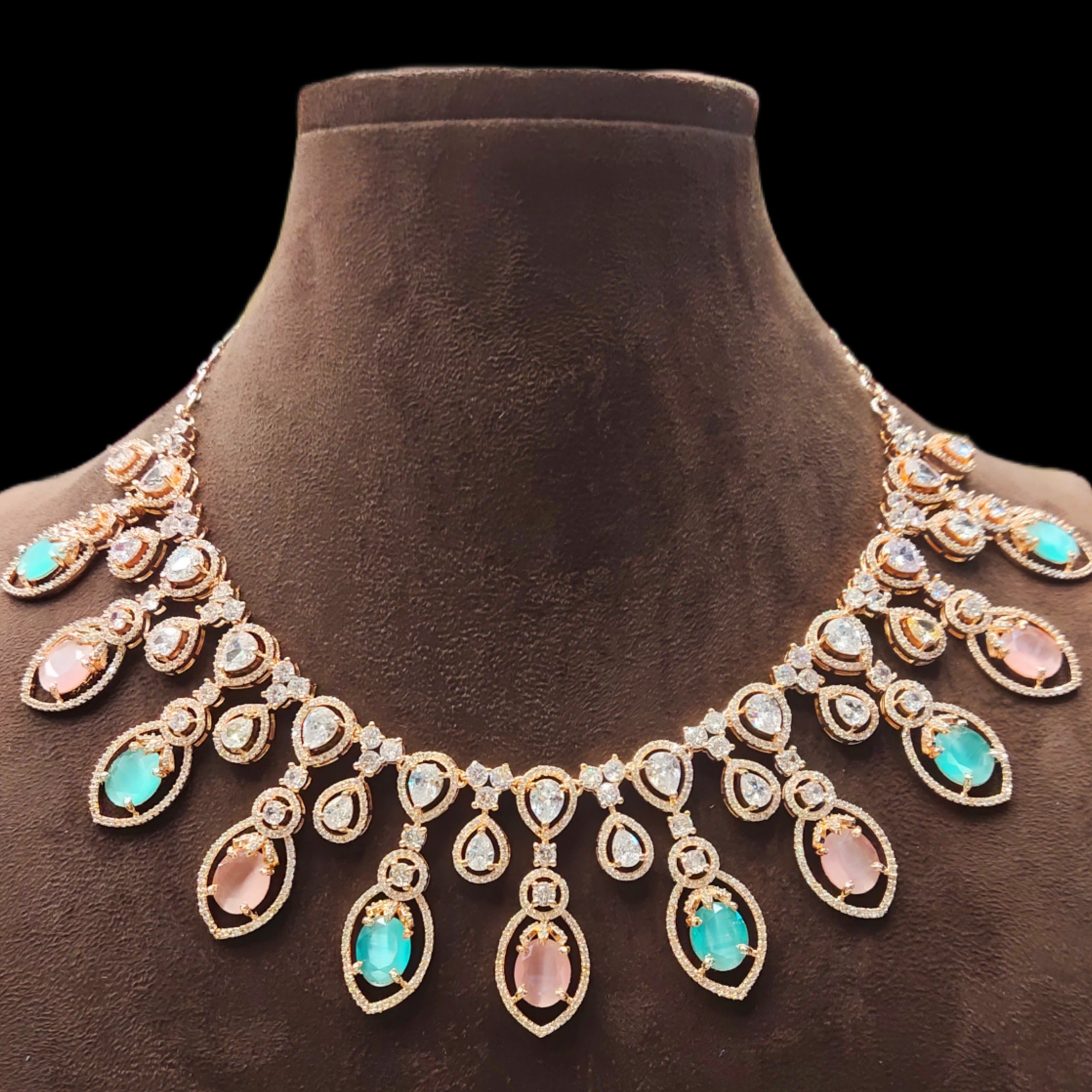 Pink & Pastel Green Rose Gold American Diamond Necklace Set - Colorful Bridal Jewelry