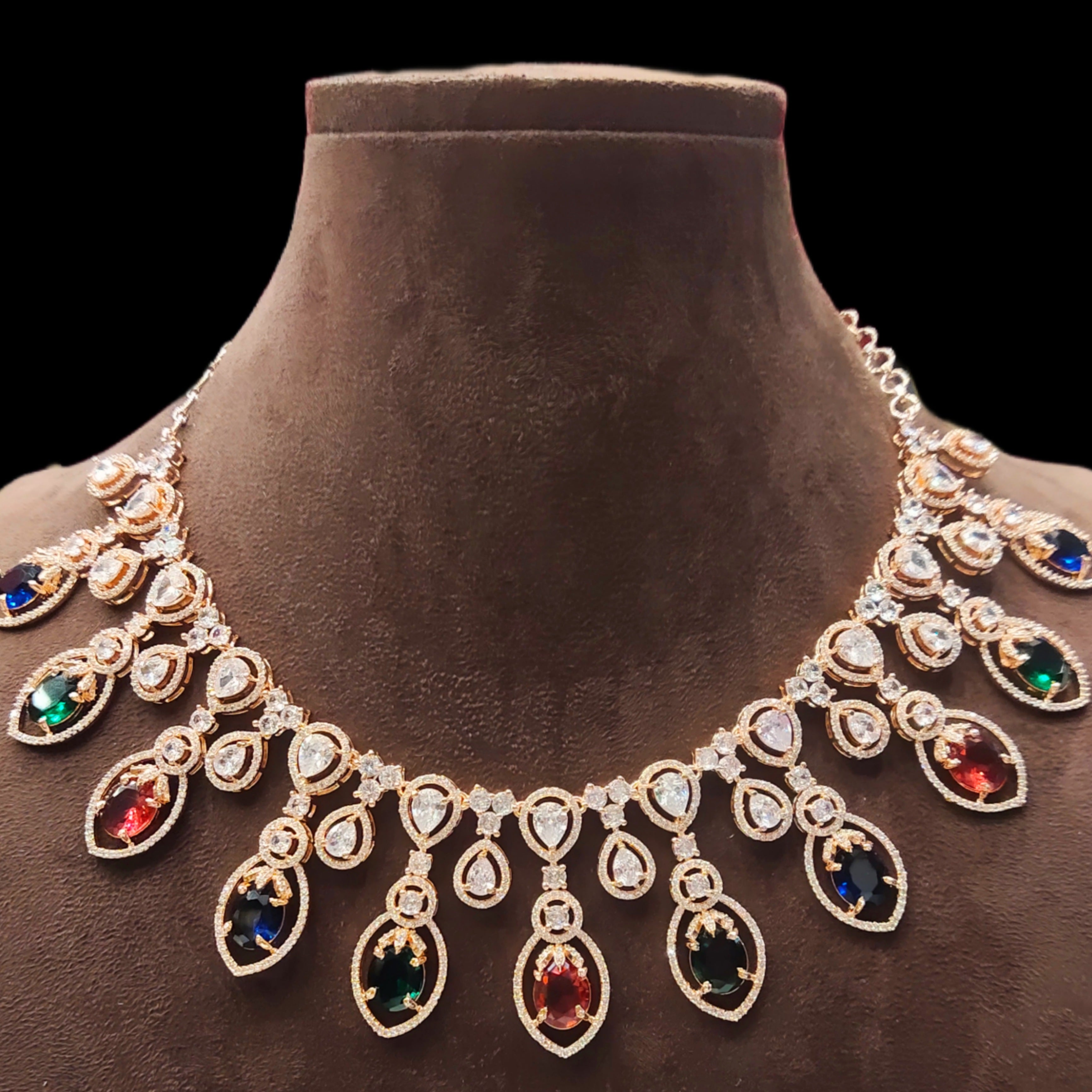 Trendy Rose Gold American Diamond Necklace Set with Colored Stones - Designer Jewelry