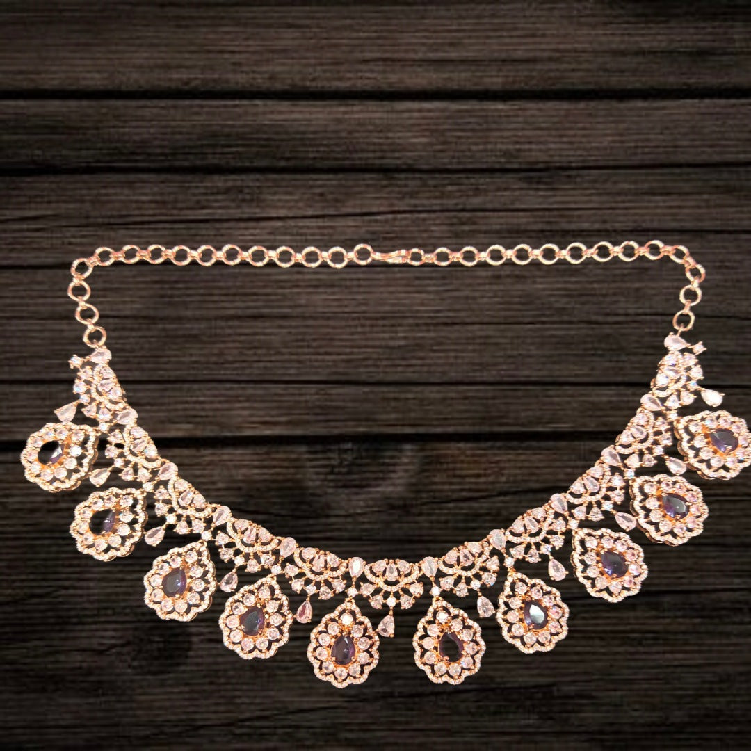 Rose Gold Cubic Zircon Necklace Set with Jhumkas - CZ Jewelry