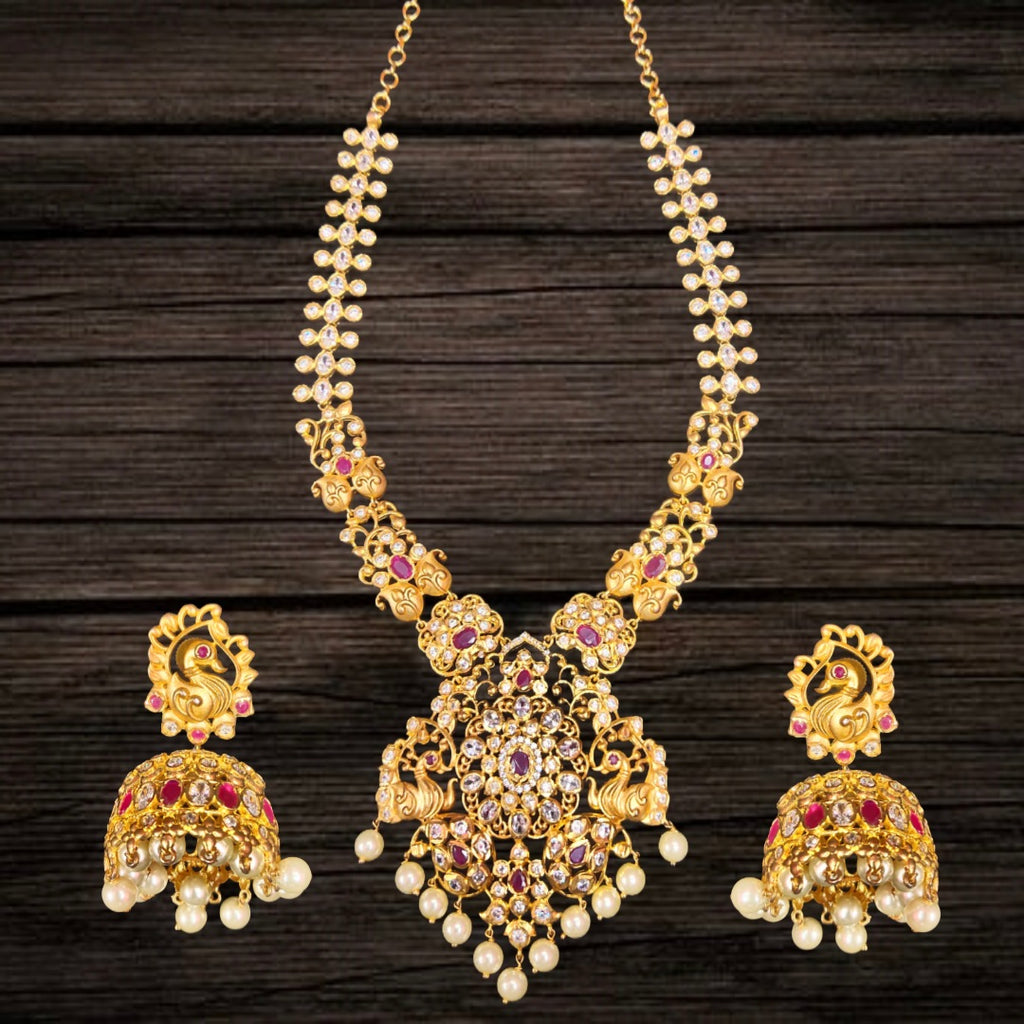 Designer CZ Middle Haram - 24K Gold Peacock Motif Wedding Necklace with Grand Jhumka