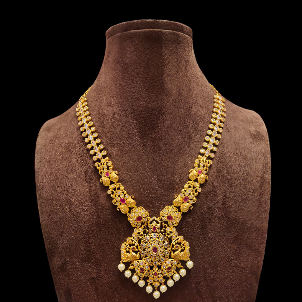 Designer CZ Middle Haram - 24K Gold Peacock Motif Wedding Necklace with Grand Jhumka