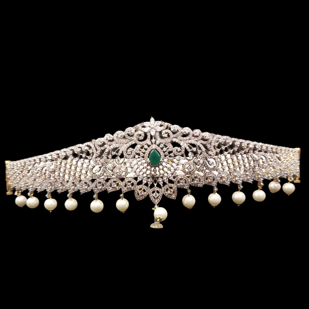 American Diamond Kids Vaddanam with Pearl Beads - 24K Gold Plated Waist Chain