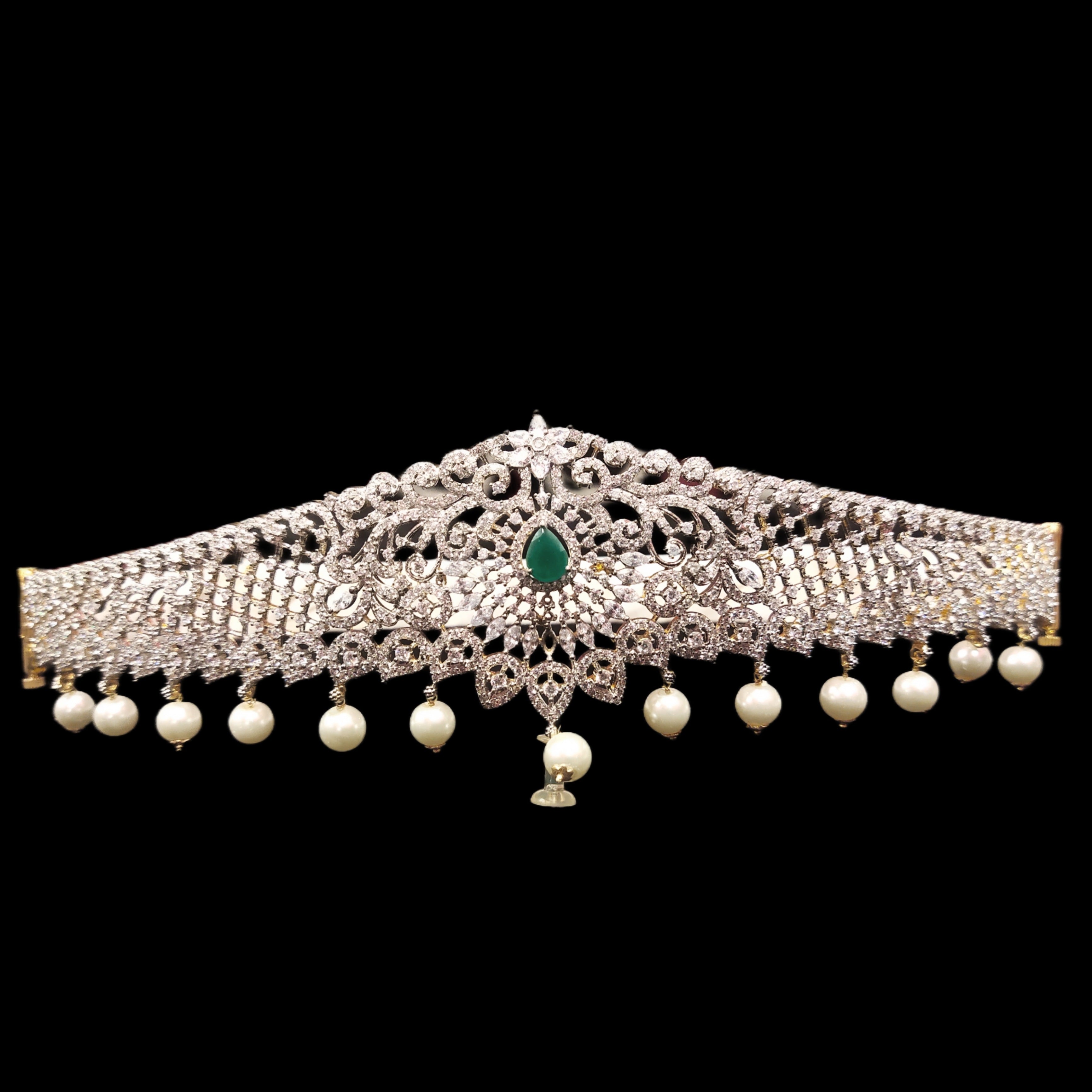 American Diamond Kids Vaddanam with Pearl Beads - 24K Gold Plated Waist Chain