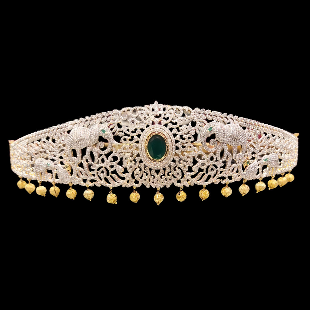 American Diamond Vaddanam - Elephant Peacock Ruby Golden Bead 24K Gold