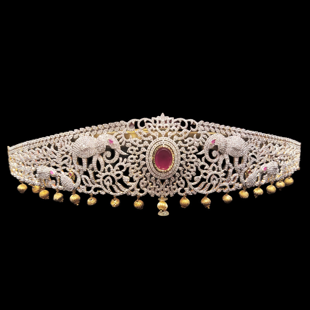American Diamond Vaddanam - Elephant Peacock Ruby 24K Gold Belt