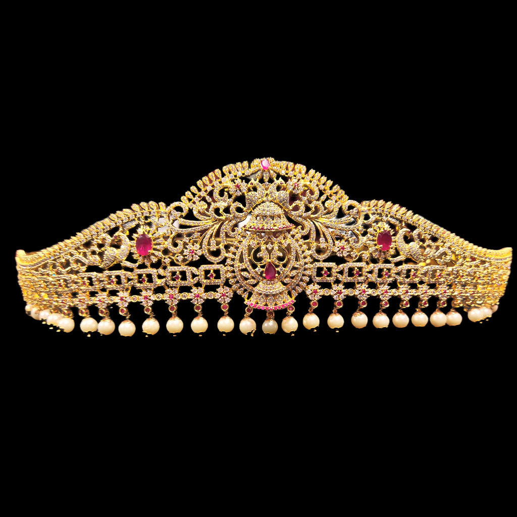 CZ Vaddanam - Ruby Pearl 24K Gold Plated Bridal Belt