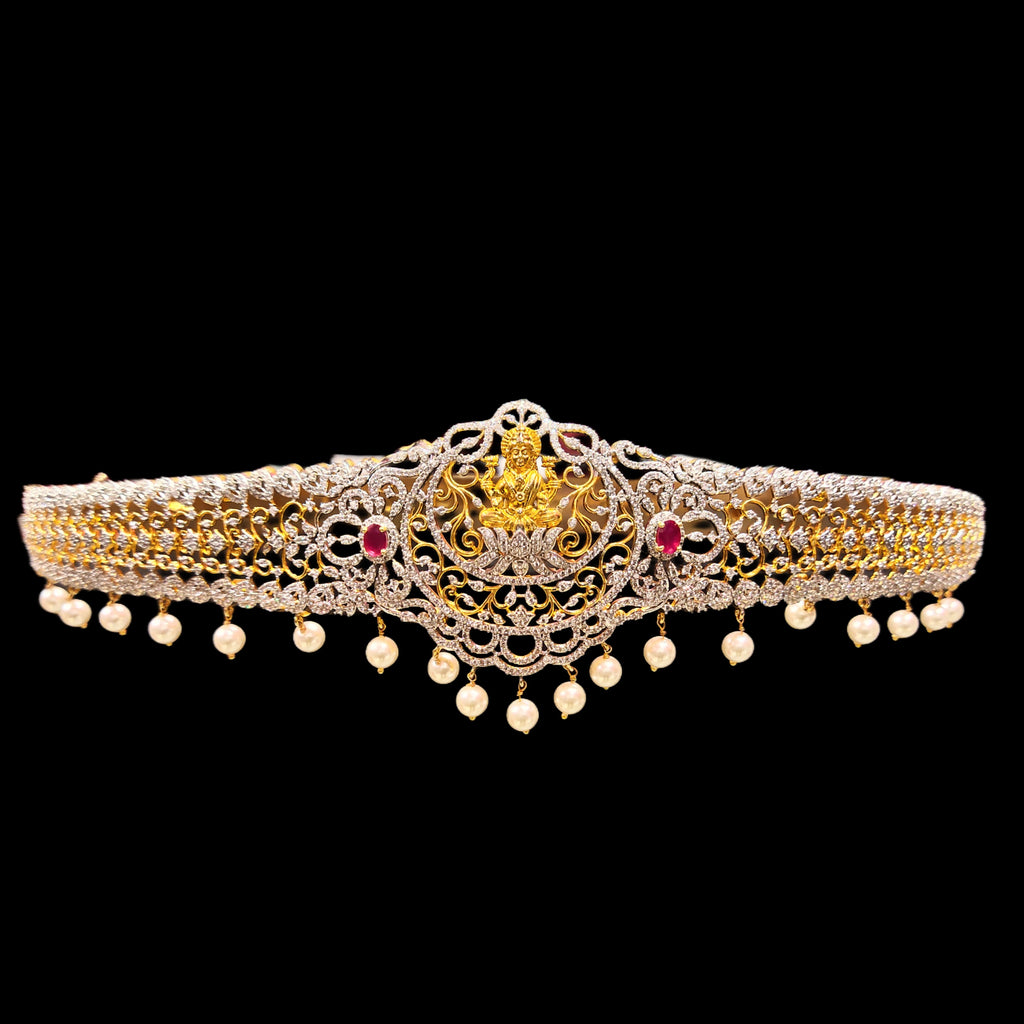 Goddess Lakshmi American Diamond Vaddanam - Pearl Drop 24K Gold Waist Chain