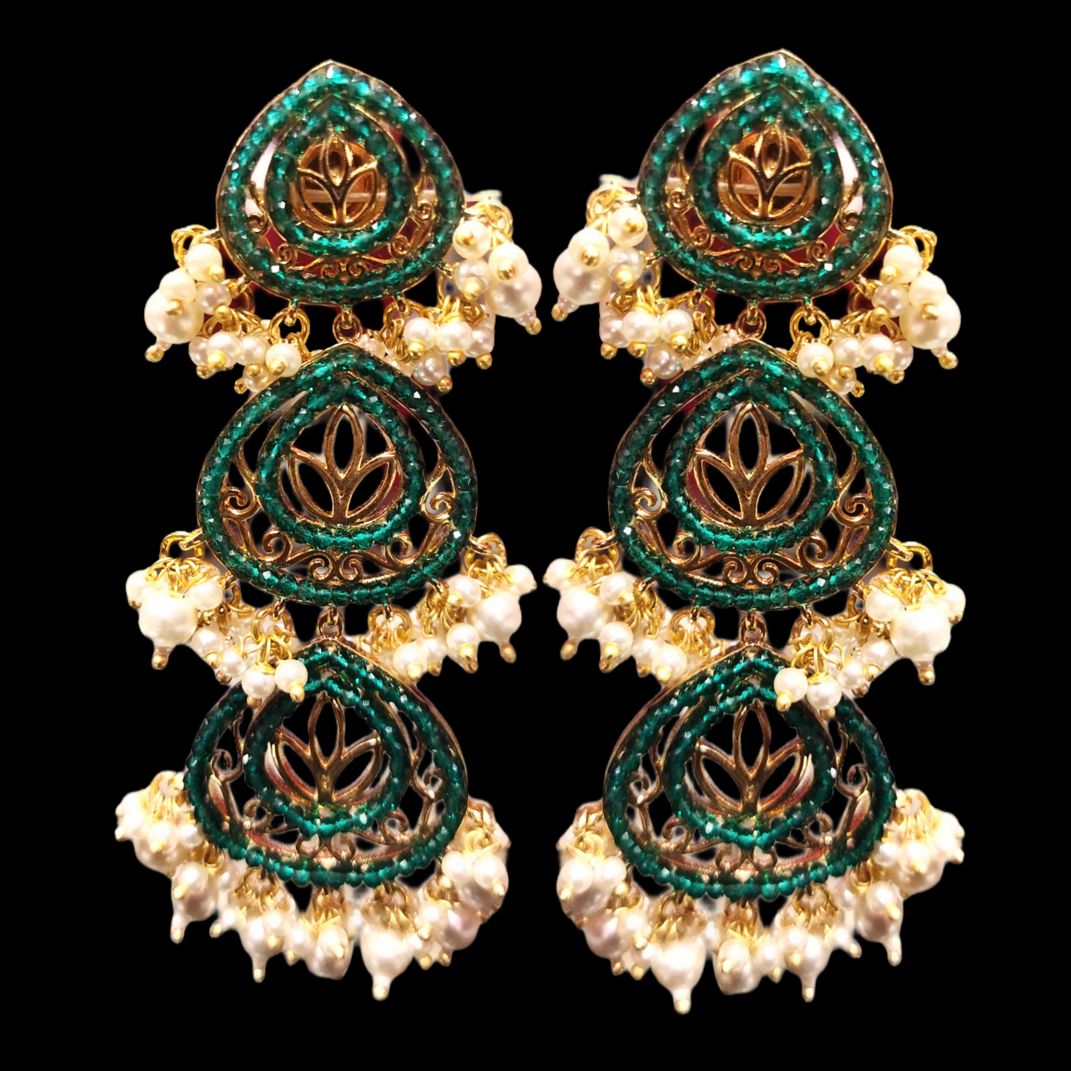 24K Gold Plated Pearl & Green Onyx Long Dangler Earrings for Women