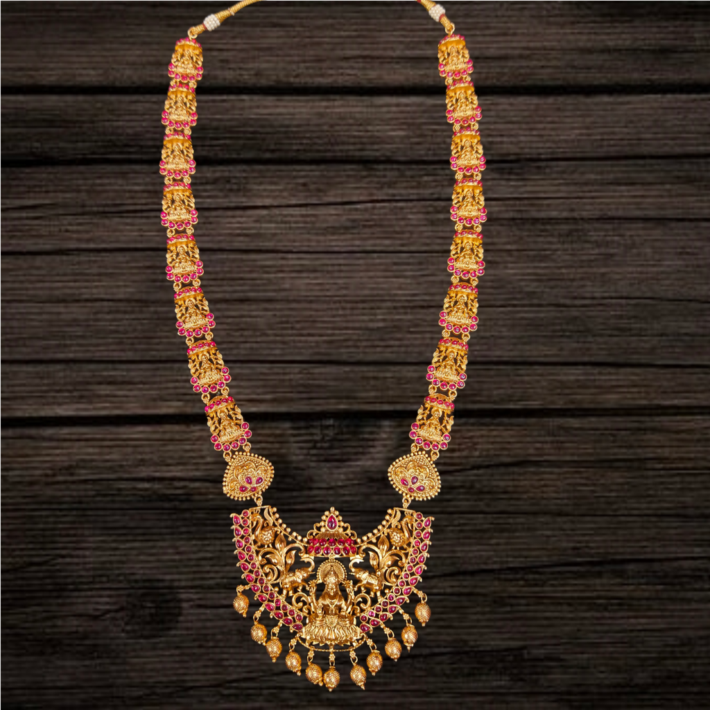 Charming Goddess Laxmi Temple Antique Necklace Set - Kempu Stones