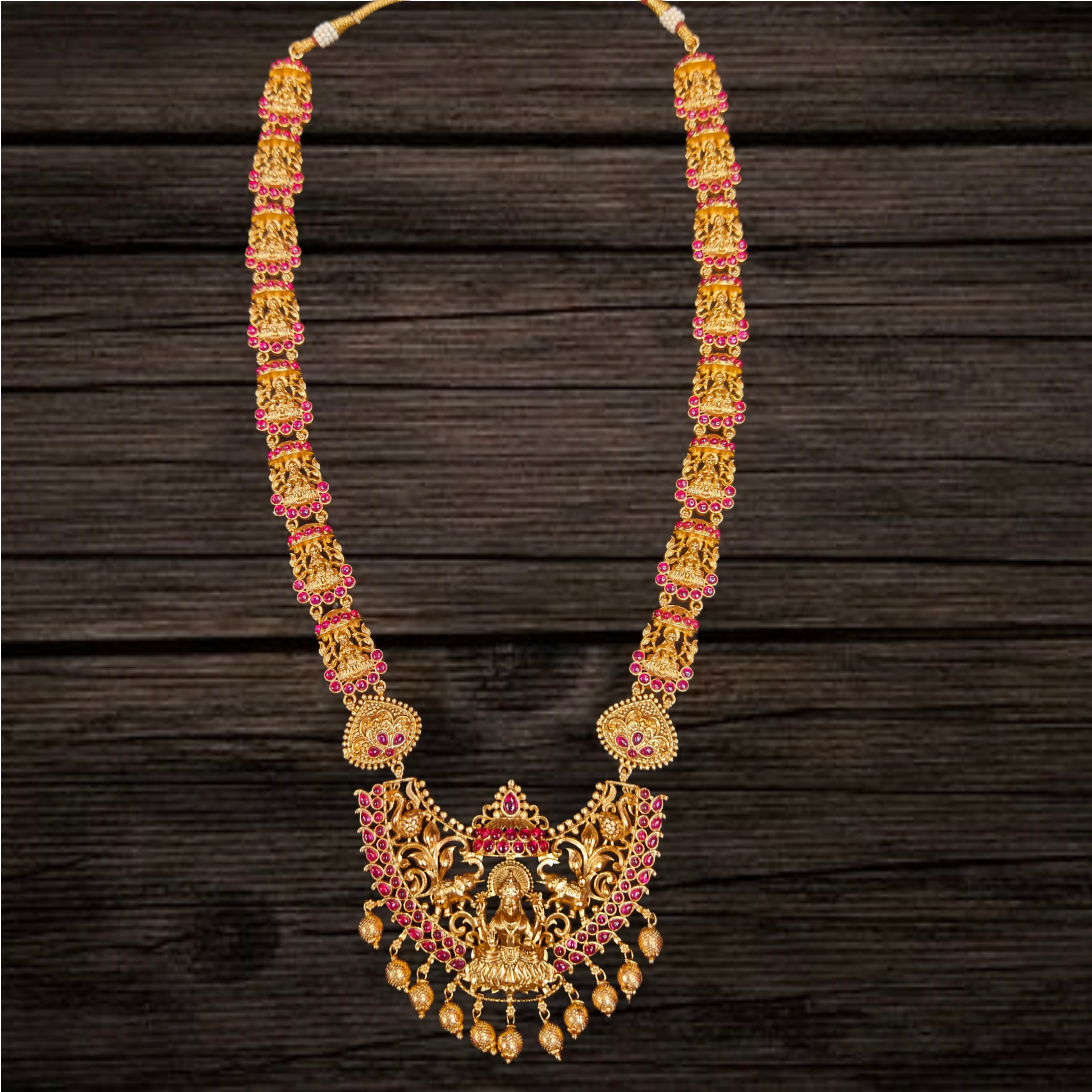 Charming Goddess Laxmi Temple Antique Necklace Set - Kempu Stones