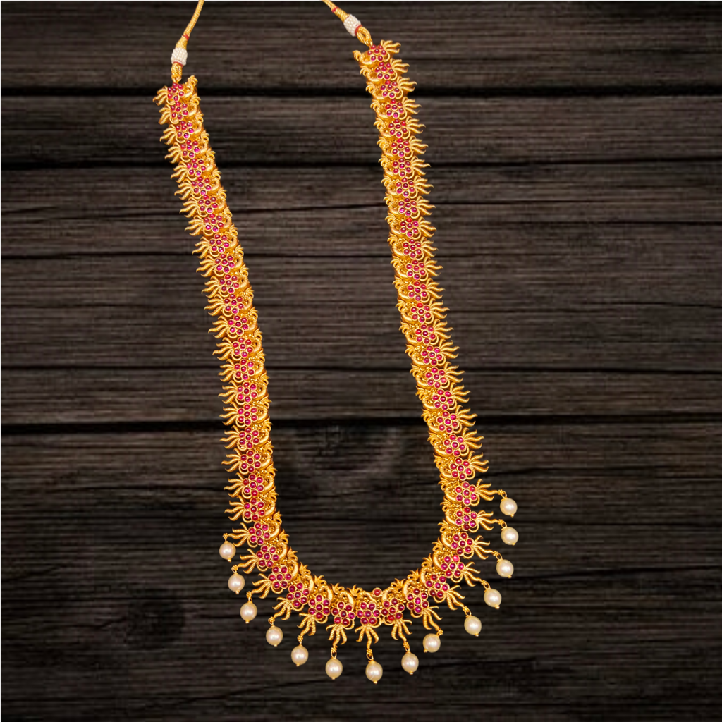 Antique Finish Peacock Long Haram - Traditional South Indian Necklace