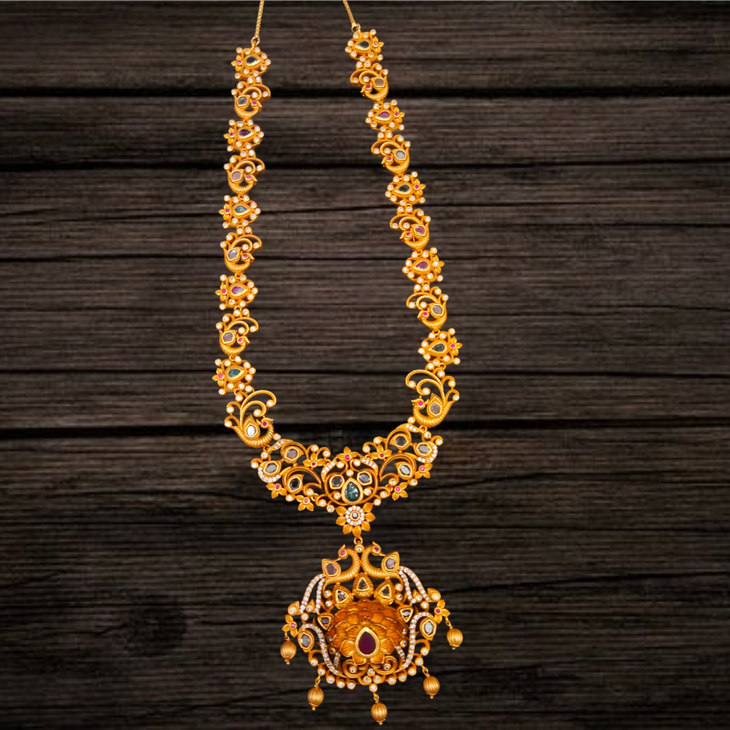 Matte Finish Long Necklace With Earrings - Floral Design Traditional Jewellery