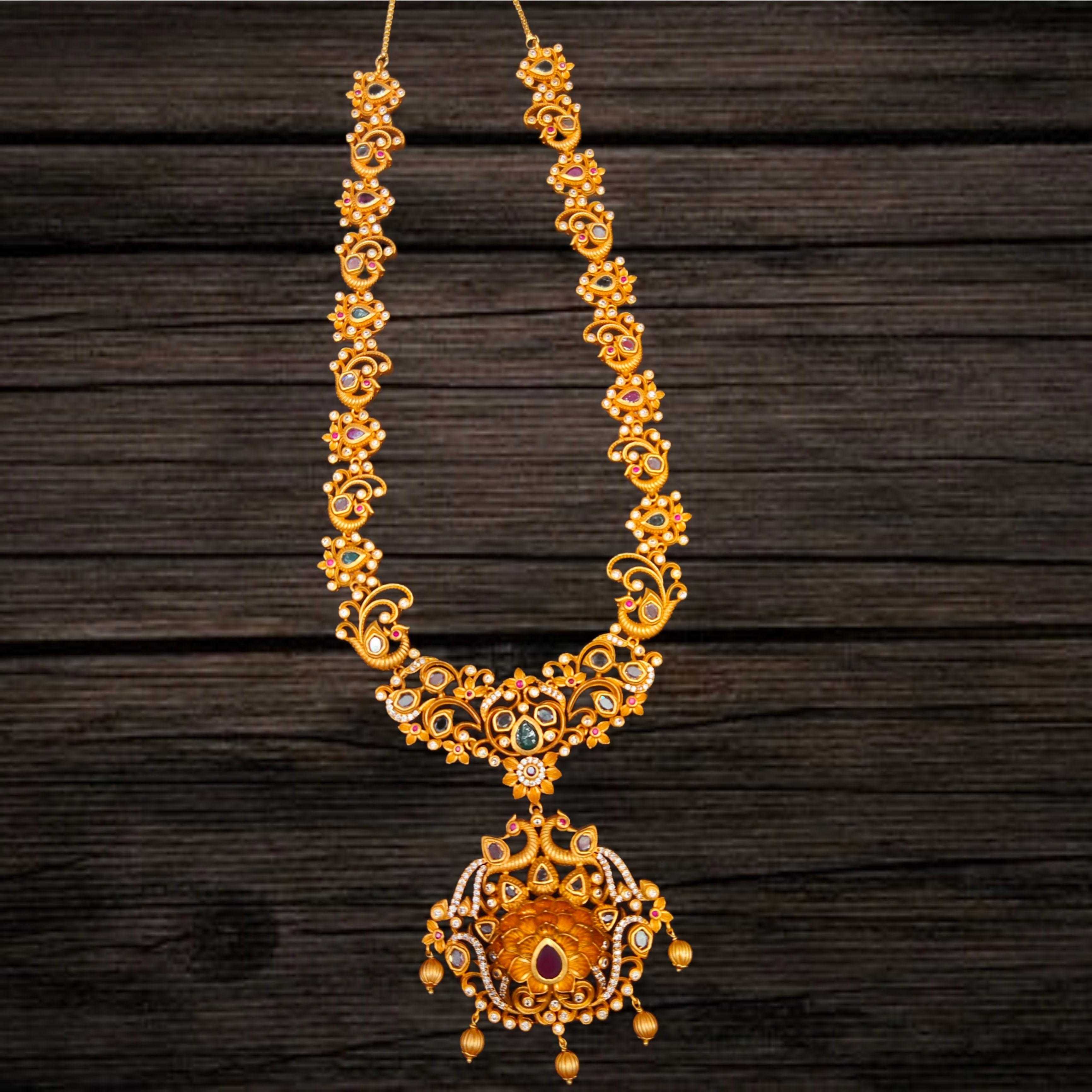 Matte Finish Long Necklace With Earrings - Floral Design Traditional Jewellery