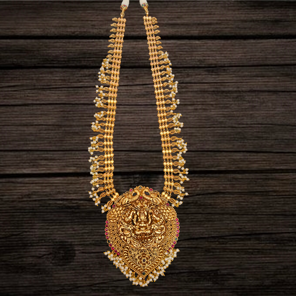 Temple Laxmi Long Necklace With Jhumka Earrings - Traditional Haram Set