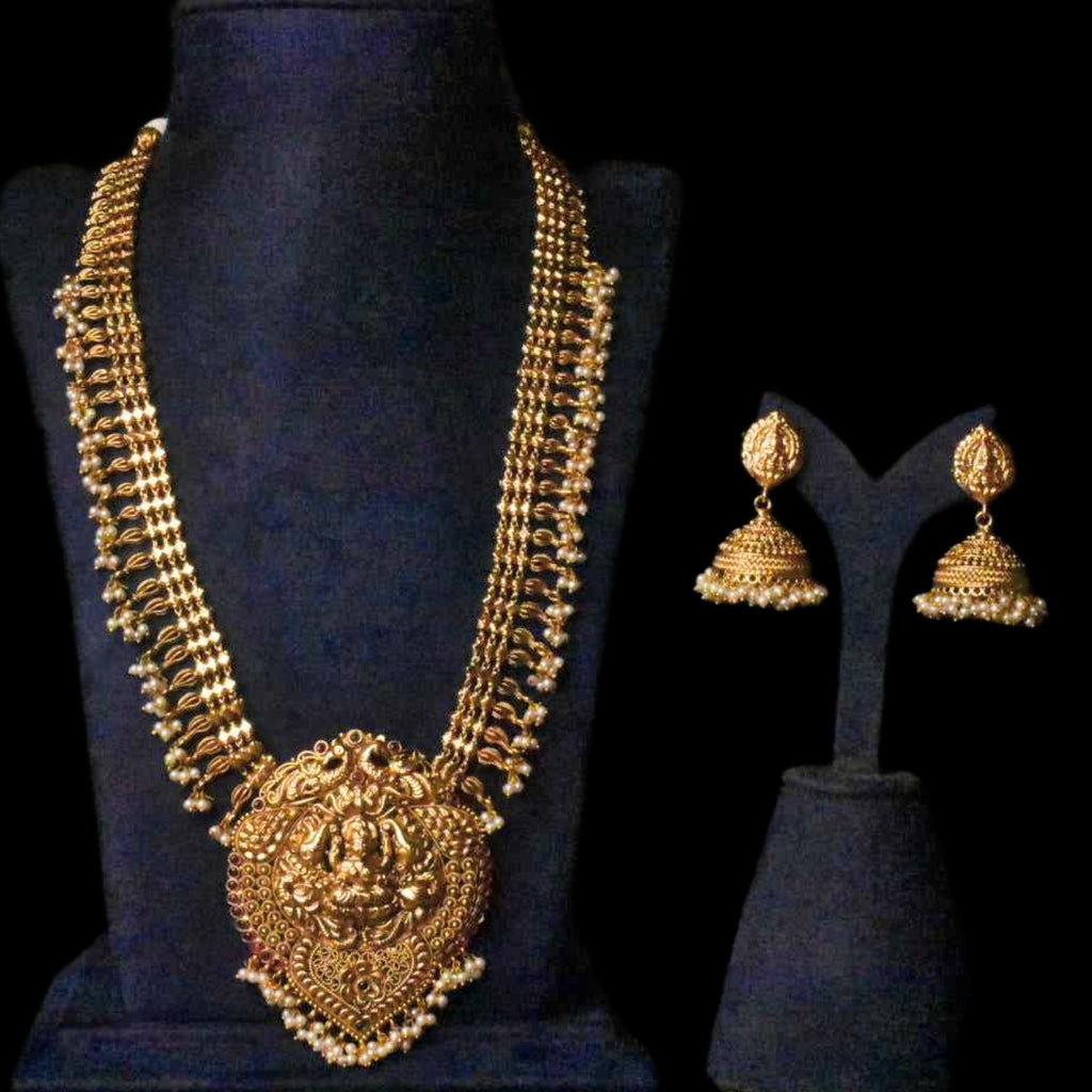 Temple Laxmi Long Necklace With Jhumka Earrings - Traditional Haram Set