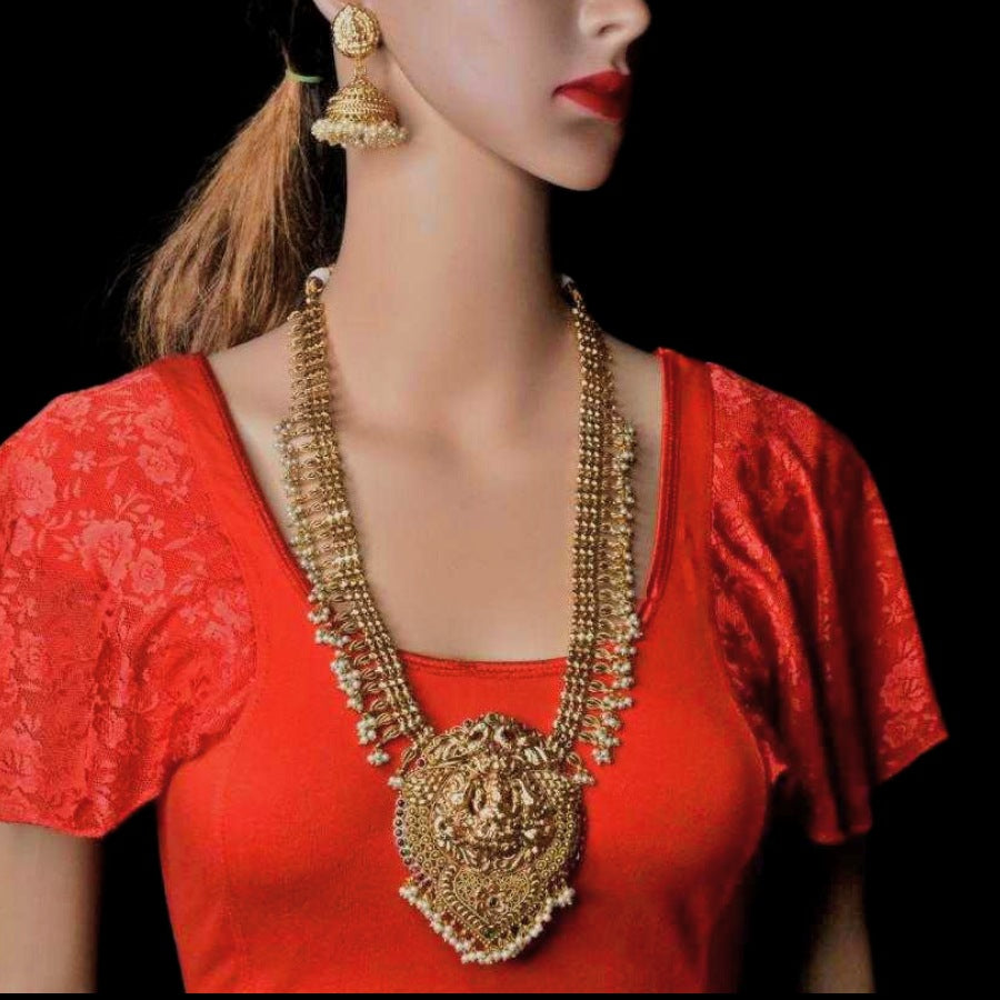 Temple Laxmi Long Necklace With Jhumka Earrings - Traditional Haram Set