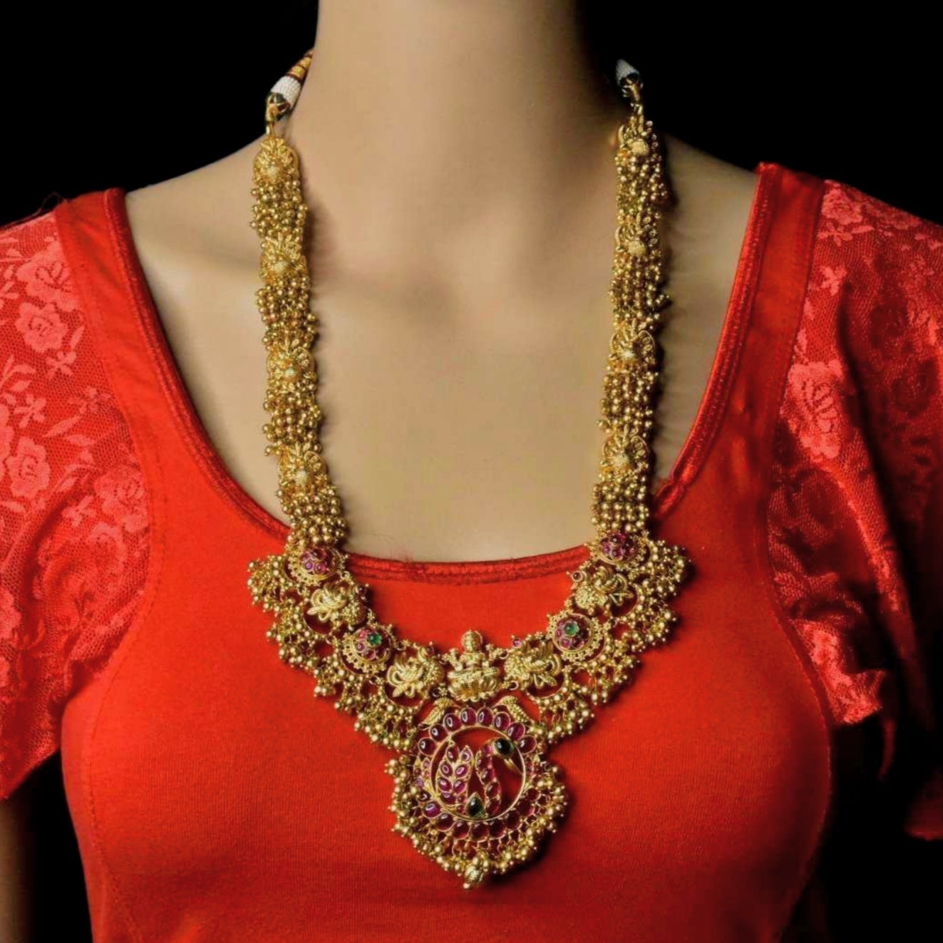 Temple Finished Long Necklace With Jhumka Earrings - Traditional South Indian Jewellery