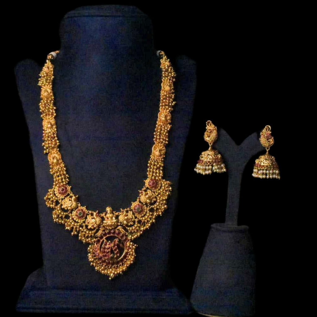 Temple Finished Long Necklace With Jhumka Earrings - Traditional South Indian Jewellery
