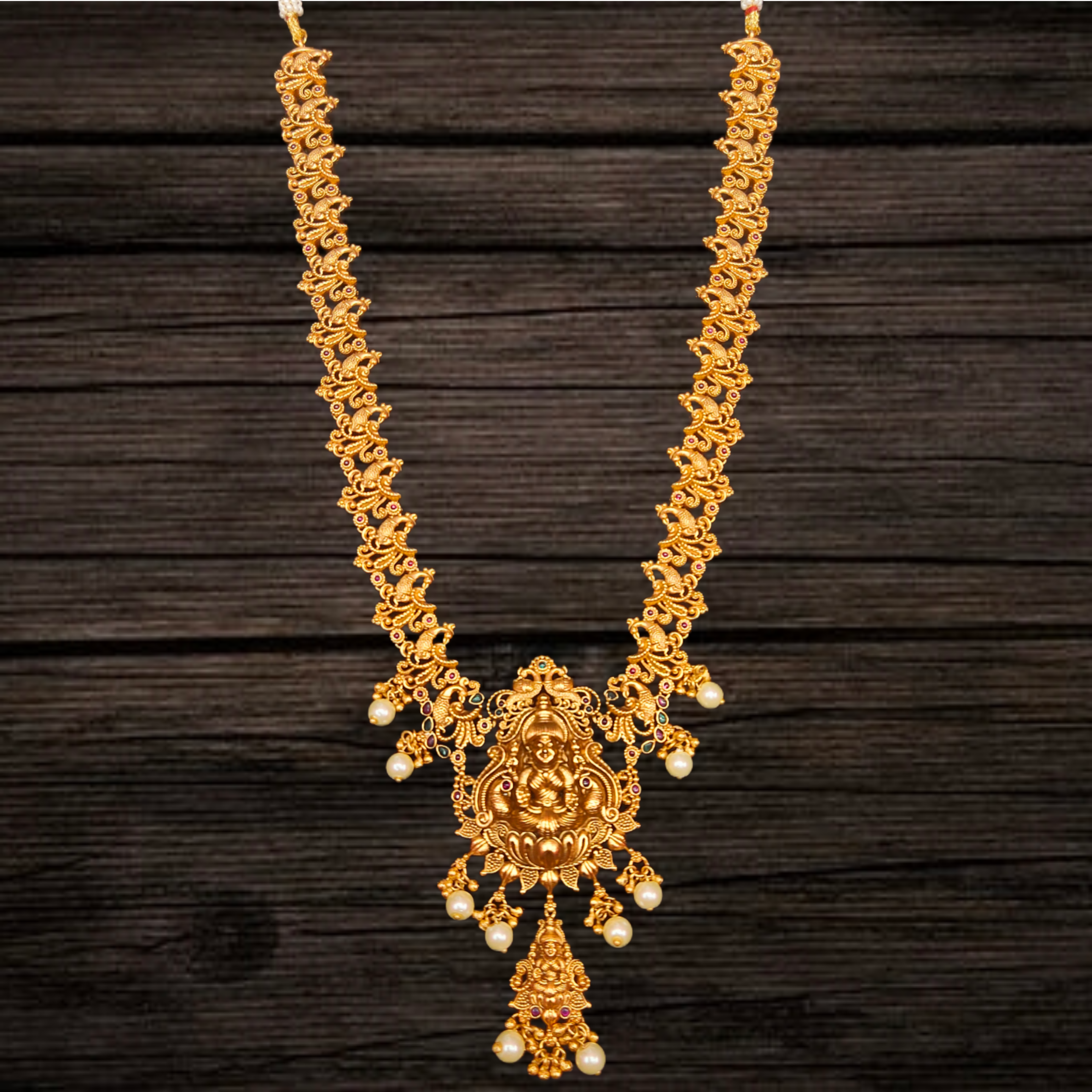 Lakshmi Mayura Nagas Haram - Antique Finish Ruby Necklace Set