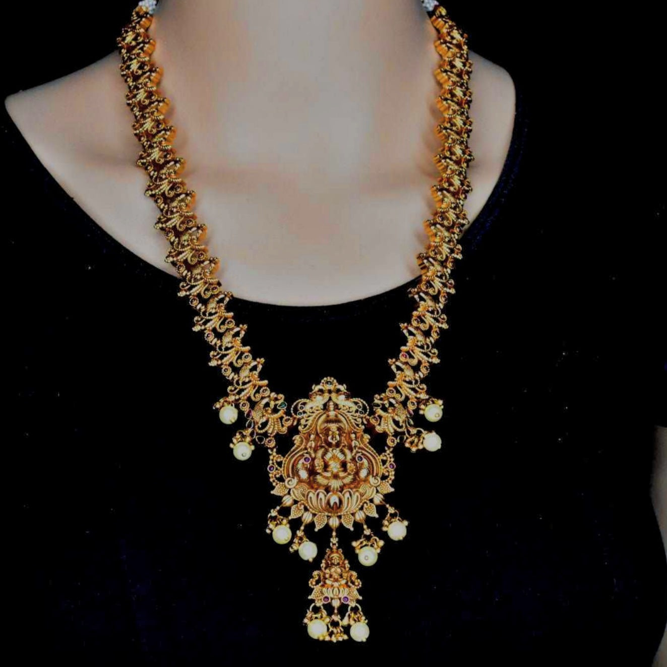 Lakshmi Mayura Nagas Haram - Antique Finish Ruby Necklace Set