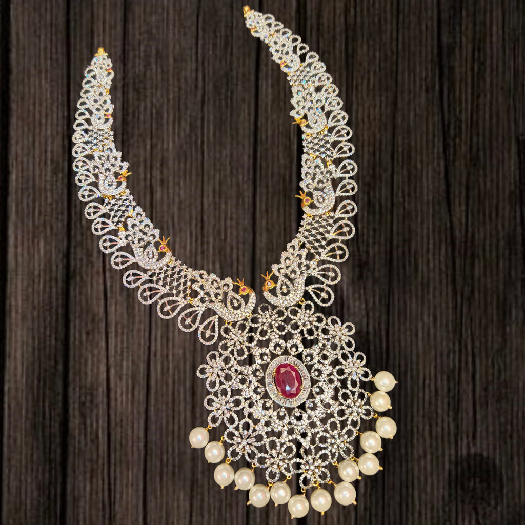 Diamond Replica CZ Necklace Set with Earrings | Emerald / Ruby | Bridal Jewellery